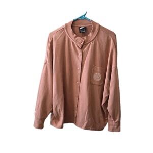 Nike Men's Medium Oversized Snap Button Long Sleeve Shirt Brown Tan Logo Pocket